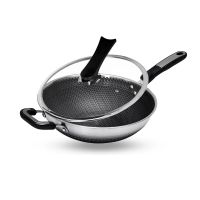 德国304不锈钢炒锅不粘锅无油烟家用炒菜锅平底锅具|(旗舰版)34双屏玻璃盖