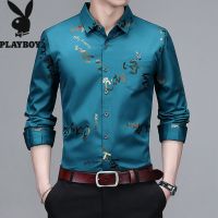 真口袋男士新款长袖棉衬衫男宽松透气免烫大码印花衬衣男