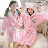 新款卡通连帽女童睡袍珊瑚绒儿童浴袍长毛绒女孩宝宝母女亲子睡衣