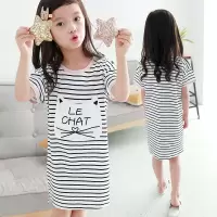 夏季2020女童睡裙儿童棉质家居服条纹猫咪可爱薄款女孩睡衣睡裙