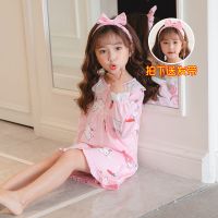 女童睡衣春秋纯色棉质薄款长袖小女孩宝宝家居服亲子母女儿童睡裙