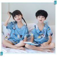 儿童睡衣男女夏季冰丝绸短袖短裤套装大童卡通开衫宝宝小孩家居服