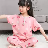 夏季短袖长裤儿童绵绸睡衣套装棉绸男童睡衣女孩宝宝空调家居服薄