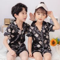 儿童睡衣夏季短袖短裤男女童开衫冰丝卡通可爱儿童睡衣套装家居服