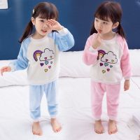 儿童睡衣法兰绒秋冬加绒加厚款男女童护肚家居服1-5宝宝绣花套装