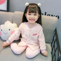 秋冬季儿童睡衣女童男童珊纯色卡通加厚小孩家居服宝宝两件套装