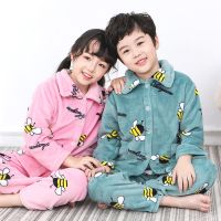 儿童法兰绒睡衣秋冬季小孩宝宝加厚套装男童女童珊瑚绒长袖家居服