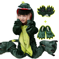 秋冬季儿童卡通动物恐龙连体睡衣男女小孩宝宝法兰绒亲子家居服