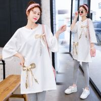 孕妇装春夏装刺绣连衣裙套装中长款t恤上衣宽松200斤孕妇装打底衫