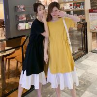孕妇装t恤夏装2020新款系带拼接假两件宽松大码胖mm中长款连衣裙