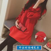 孕妇装春秋款宽松大码哺乳连衣裙中长款蝴蝶结袖孕妇哺乳俩用
