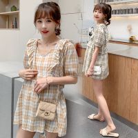 孕妇装夏装套装网红洋气小清新裙子潮辣妈格子孕妇连衣裙可哺乳哦