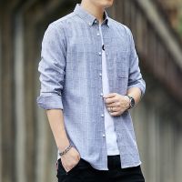 新款格子牛津布男士秋季长袖衬衫修身韩版学生休闲男装中青年衬衣