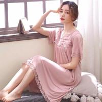 睡裙女夏季棉短袖睡衣薄款中年妈妈妇女宽松蕾丝睡长裙