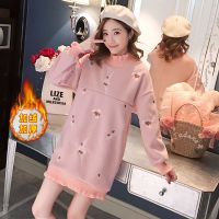 秋冬季加绒保暖哺乳期上衣产后秋冬款外出时尚冬装潮妈喂奶连衣裙