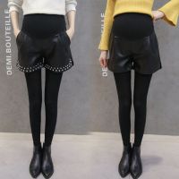 孕妇短裤秋冬靴裤打底裤阔腿皮短裤大码宽松托腹加绒加厚外穿裤子