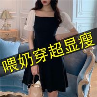 喂奶衣哺乳衣服期外出穿时尚夏天装季显瘦雪纺泡泡袖中长款连衣裙