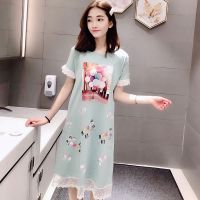 夏季睡裙女短袖带胸垫bar纯棉睡衣中长款大码可爱薄款学生家居服