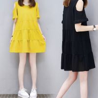 孕妇装夏装短袖韩版露肩裙子夏季孕妇连衣裙200斤中长款大码上衣