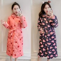 睡袍女秋冬季加厚加长款女士珊瑚绒夹棉冬天保暖法兰绒女士浴袍