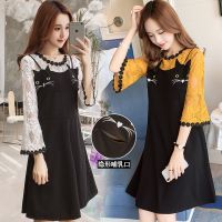 夏哺乳裙外出短袖蕾丝时尚哺乳连衣裙产后显瘦哺乳衣假两件喂奶衣