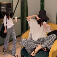 孕妇条纹裤子夏季薄款外穿宽松潮妈时尚夏天休闲托腹阔腿拖地长裤