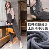 大码孕妇灯芯绒背带裤 秋冬季新款加厚加绒潮妈长裤拉链免脱裤子