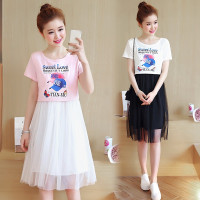 孕妇装网纱连衣裙夏装宽松哺乳衣外出圆领孕妇上衣哺乳连衣裙中长