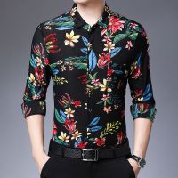 春秋长袖男装薄款花衬衫和加绒大码宽松弹力中年衬衣开衫爸爸