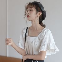 女装2020新款潮白色短袖衬衫蝴蝶结百搭方领小众设计感娃娃衫上衣