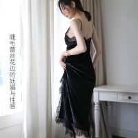 性感睡衣女春秋季金丝绒绒面蕾丝吊带连衣裙睡裙家居服诱惑套装