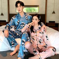情侣睡衣长袖薄款冰丝加肥大码男士春秋季家居服夏天女士卡通套装