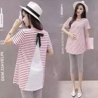 孕妇夏装短袖上衣中长款大码孕妇连衣裙条纹t恤宽松裙子/套装可选