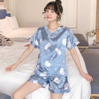 睡衣女夏季短袖短裤冰丝性感韩版可爱学生薄款大码家居服两件套装