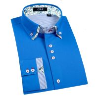 春秋款男衬衫长袖修身款棉质微弹商务休闲纯色时尚双领男装衬衣