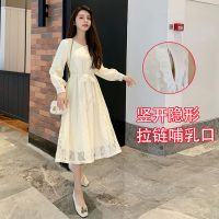 哺乳装春秋季外出时尚中长款蕾丝连衣裙辣妈款哺乳期产后喂奶衣服