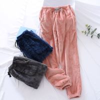 法兰绒珊瑚绒情侣睡裤男士女秋冬保暖加绒收口长裤大码加厚家居裤