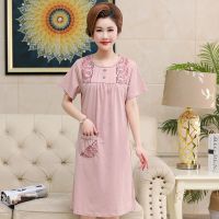 妈妈短袖睡裙女夏季棉质长款过膝薄款中老年可外穿宽松连衣家居服