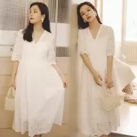 孕妇春装纯棉孕妇连衣裙夏季中长款短袖上衣蕾丝娃娃裙子夏装长裙