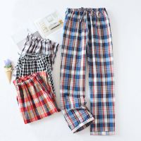 男士睡裤棉质梭织布老粗布家居裤宽松大版直筒家居长裤时尚格子裤