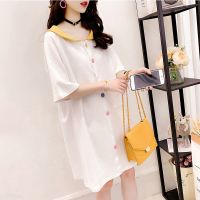 夏季外出哺乳娃娃领中长款t恤遮肚宽松大码短袖喂奶衣