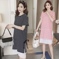 孕妇装夏装连衣裙时尚新款中长款短袖条纹上衣大码孕妇假两件裙子