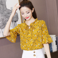 雪纺衫衬衫女2019春夏装新款半袖喇叭袖显瘦衬衣碎花打底衫女上衣