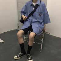 ins衬衫女学生韩版宽松上衣短袖原宿学院风衬衣女百搭情侣外套潮