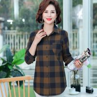 妈妈装棉质格子衬衫薄款开扣长袖新款中老年女装春夏韩版中款开衫