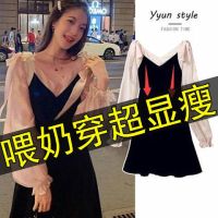 喂奶哺乳衣服期外出时尚春秋天装季显瘦v领雪纺中长辣妈款连衣裙