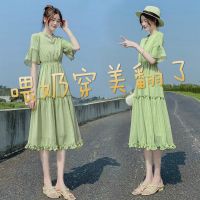 哺乳衣夏季短袖外出时尚牛油果绿连衣裙收腰显瘦遮肉仙女裙喂奶衣