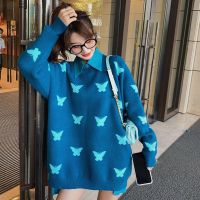 孕妇哺乳毛衣女蝴蝶印花套头秋装韩版宽松百搭针织上衣外穿慵懒风