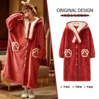 睡衣女秋冬季珊瑚绒睡袍睡衣加厚学生可爱长款加绒韩版ins天浴袍