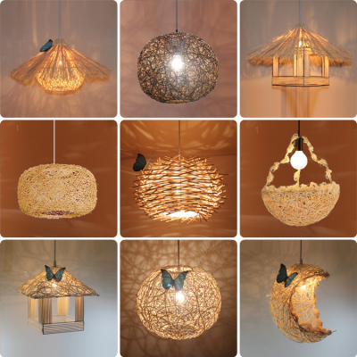 现代简约创意编织麻球吊灯田园麻藤艺餐厅饭店咖啡厅鸟巢个性灯具